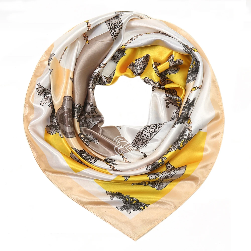 Trendy Patchwork Chain Hijab Bandana Silk Satin Square Scarf Wrap Muslim Headscarf Kerchief Lady Headband Foulard Bag Ribbon