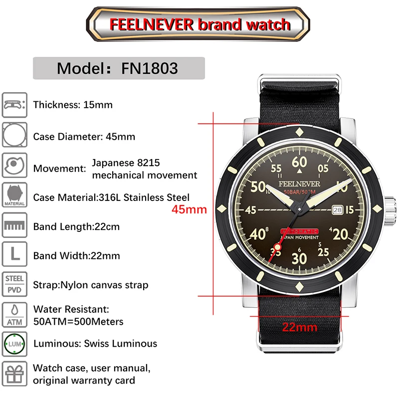 FEELNEVER Men's Mechanical Wristwatches 50Bar Waterproof Japan Movement Sapphire Automatic Watch for Men Relogios Masculino+BOX view 6