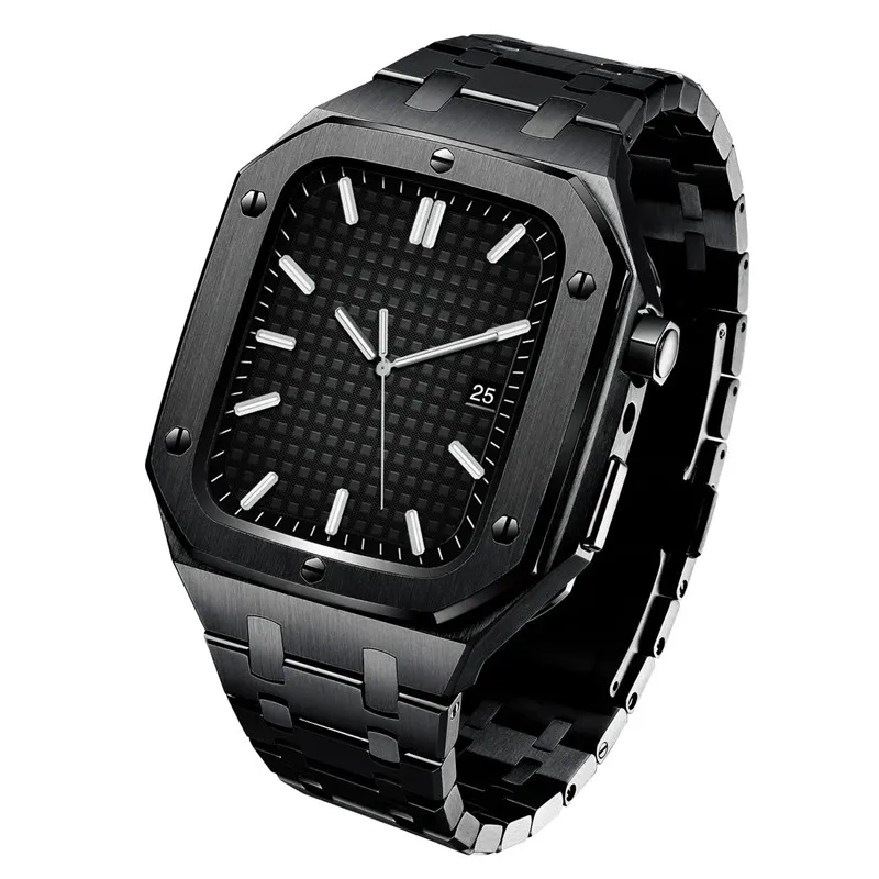 Kit de modificación de Metal de lujo para Apple Watch Series 8, 7, 45mm, 6, 5, 4, SE, 44mm, correa de acero inoxidable para iWatch, caja de bisel de reacondicionamiento