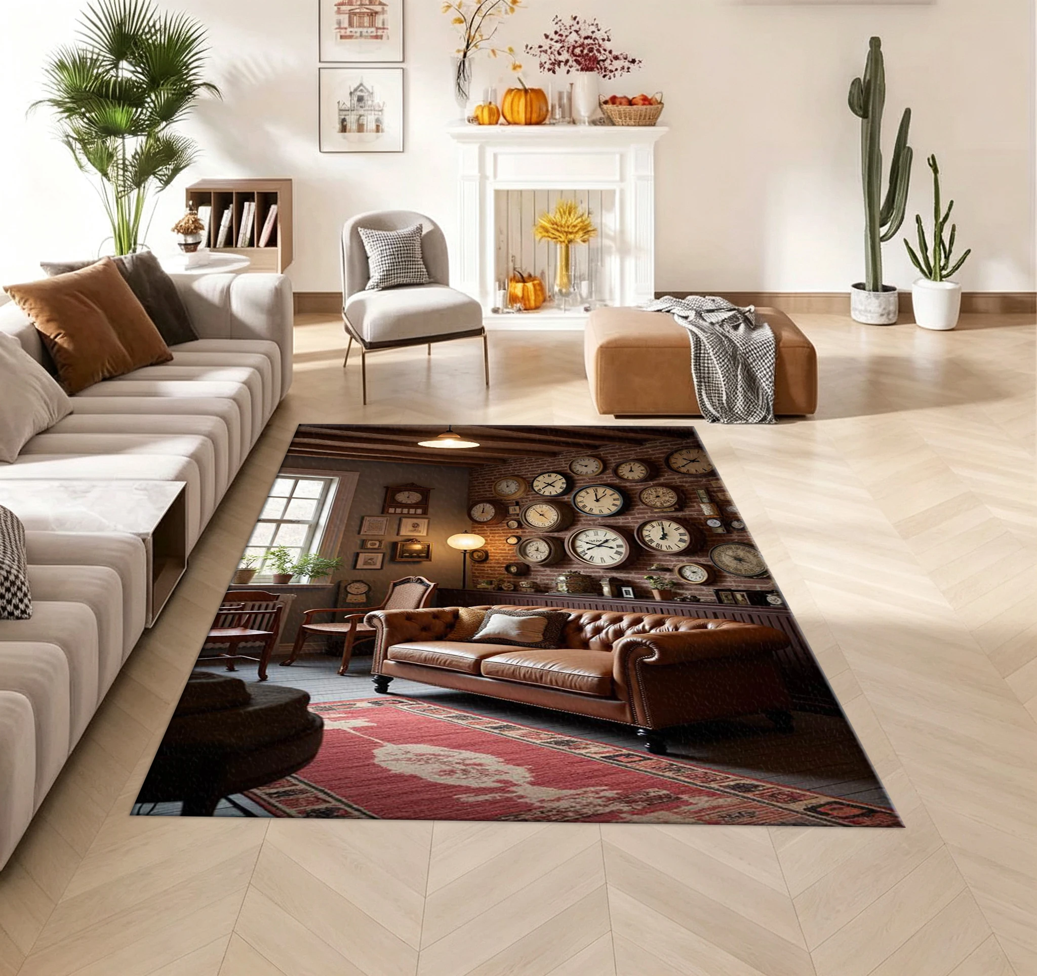 Retro Vintage Clock Wall Living Room Scene Carpet Flooring 3D Vision Print Area Rug Home Floor Mat for Living Room Bedroom