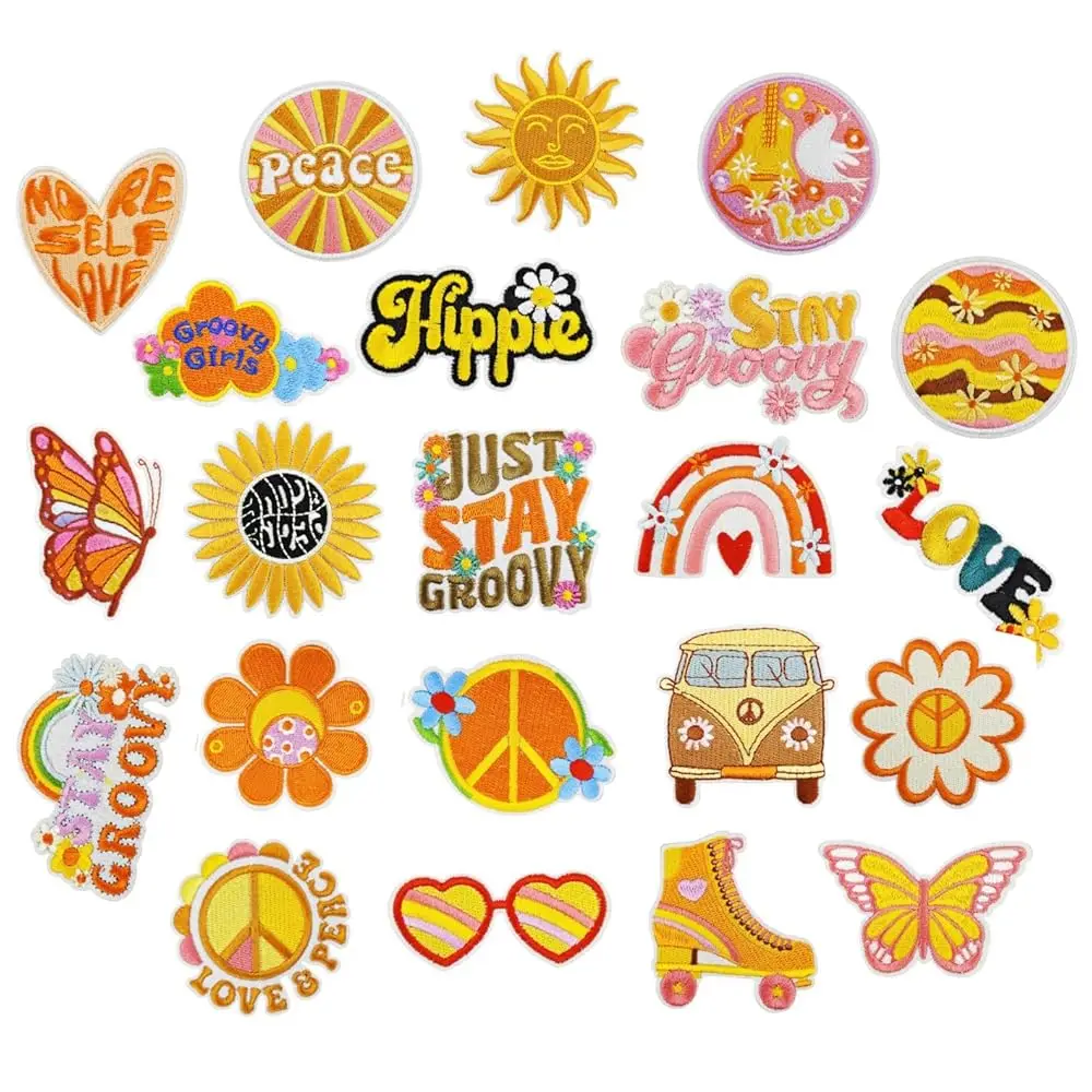 

22Pcs Hippie Iron on Patches Groovy Boho Sew on Embroidered Applique Patches Embroidery Repair Decoractive Patches DIY Crafts