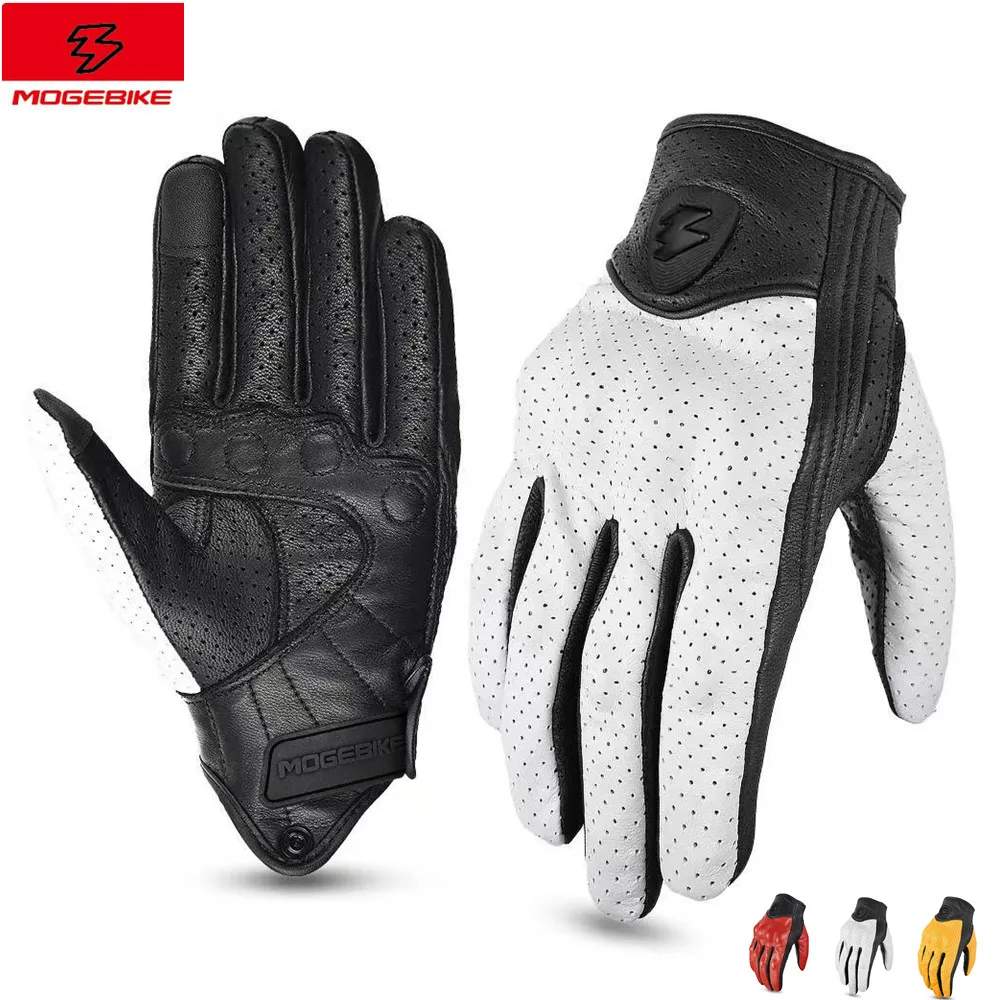 Retro White Leather Motorcycle Gloves Men Women Breathable Perforated Motorbike Racing Gloves Touch Screen Motocross Moto Glove