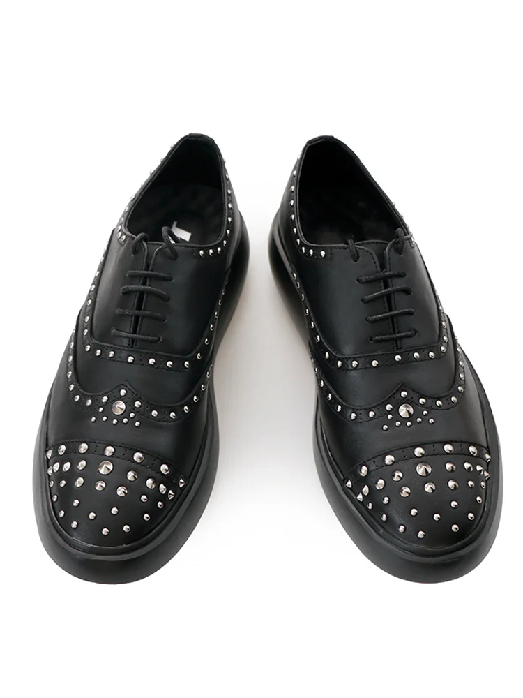 Fashion Men Rivets Casual Shoes Thick Platform Lace Up Oxfords Studded Cowhide Genuine Leather Shoes Runway Designer Footwear
