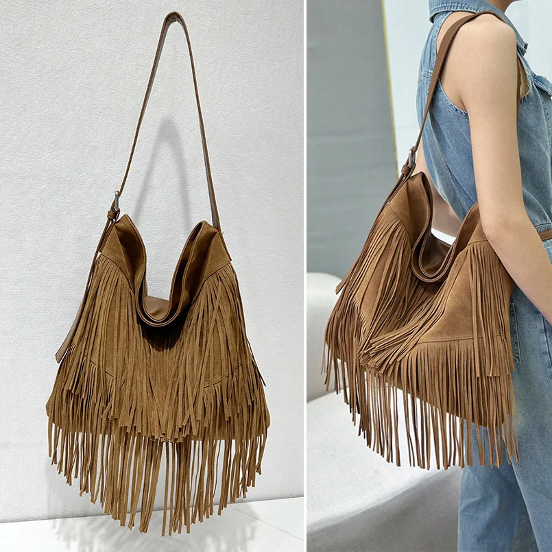 

Tassel Hobo Bags Large Handbags Fringe Double sided velvet messenger Bag Designer Shoulder Bags Women Big Causal Handbag