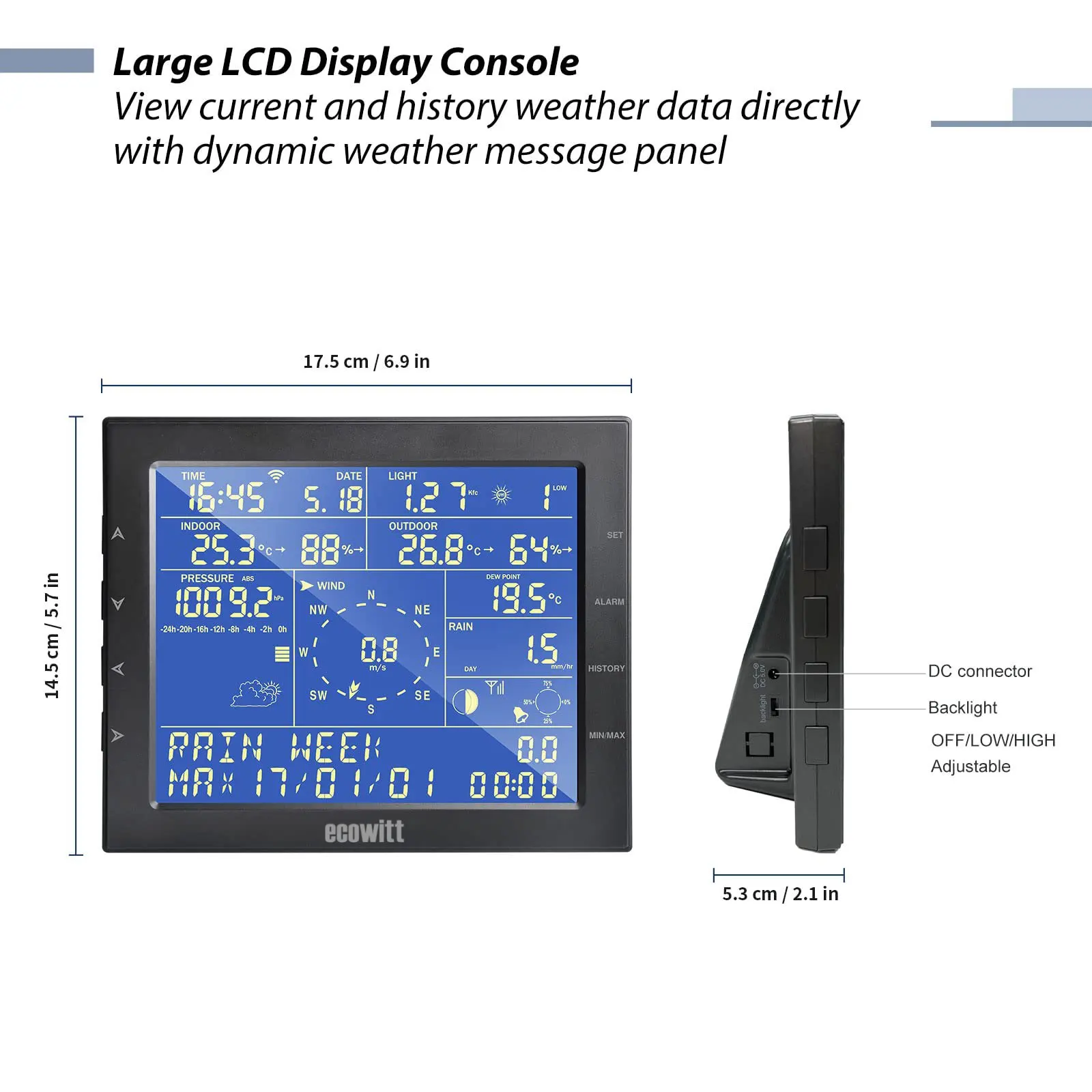 Ecowitt WS2320 Wi-Fi Weather Station with Wireless Outdoor Solar Powered 7-in-1 Weather Sensor and LCD Console Display