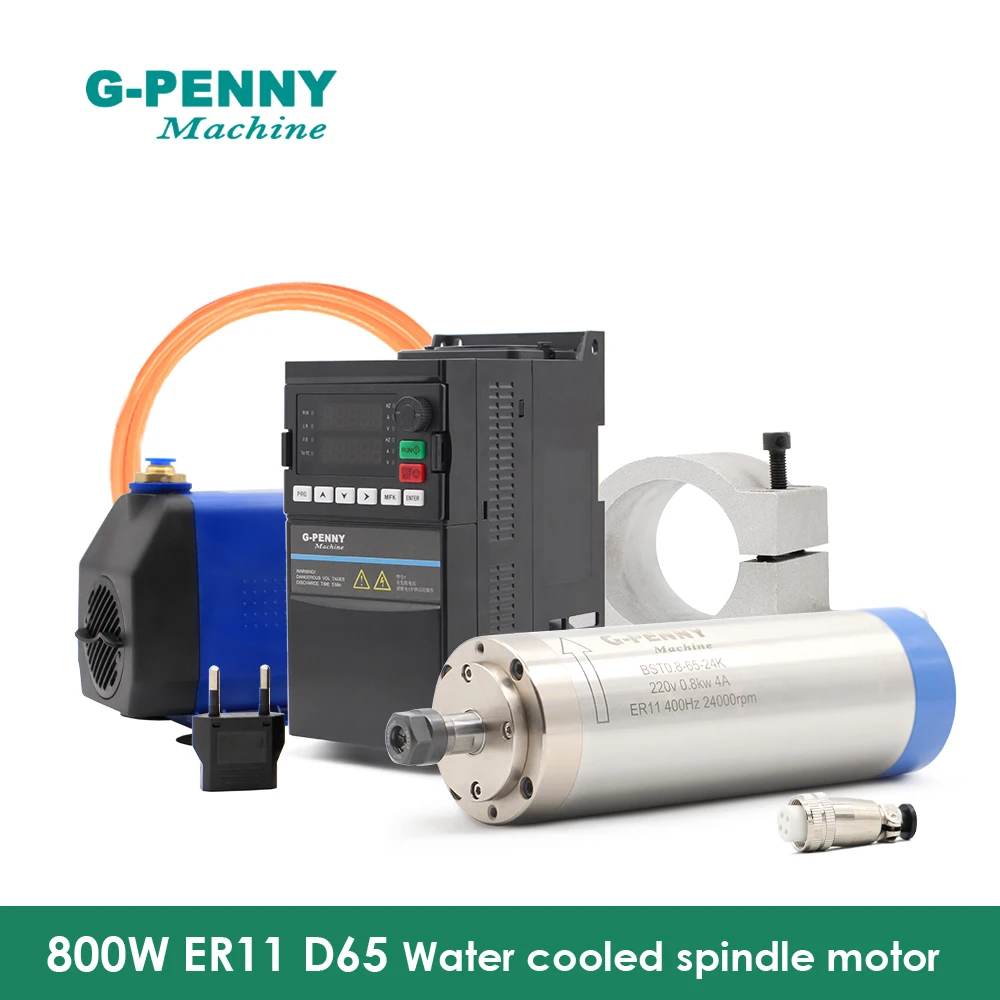 

Комплект шпинделя G-Penny 800 Вт с водяным охлаждением, двигателем 0.8 кВт, 4 подшипниками 65x195 мм, частотным преобразователем QL 1.5 кВт, держателем 65 мм и водяным насосом