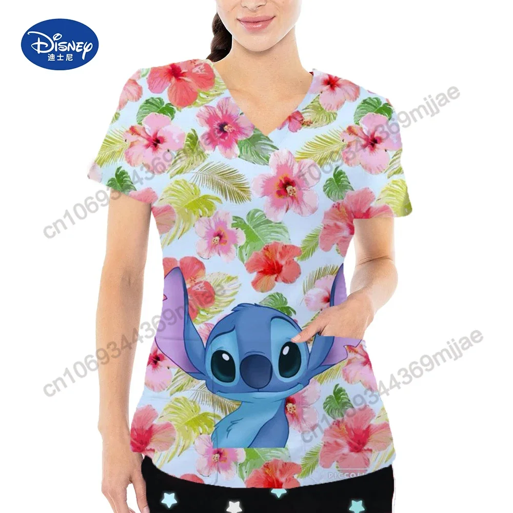 Cartoon Character Women's Clothing Pocket T-shirts V-neck Short Sleeves Women's Tops