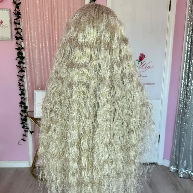 Glueless Wig Ombre PlatinumBlonde Good Quality Synthetic HD Invisible Lace Front Wig for Women Lady Girl Long Curly Wig 30 Inch