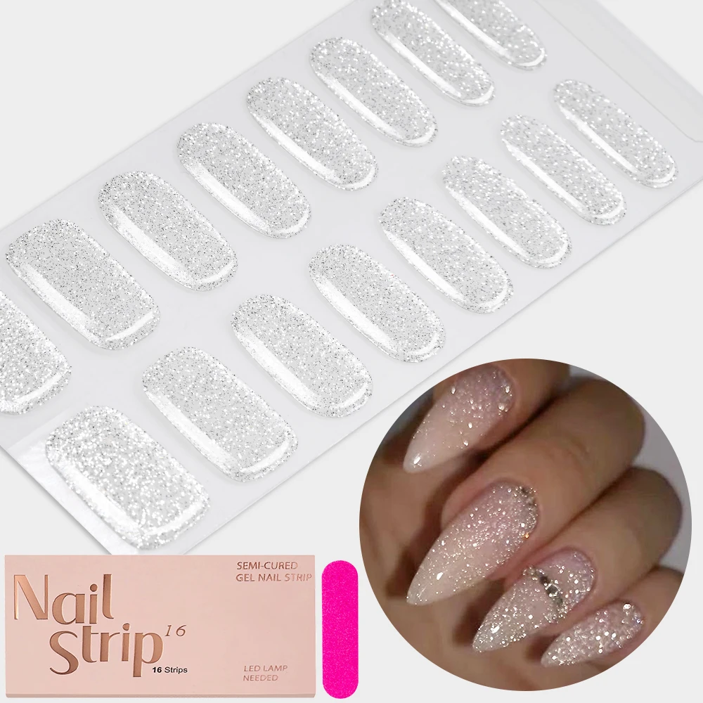 16Tip Shiny Glitter Silver Semi Cured Gel Nail Strips Long Lasting  Full Cover Solid color  Gel Nail Stickers UV Lamp Nail Patch