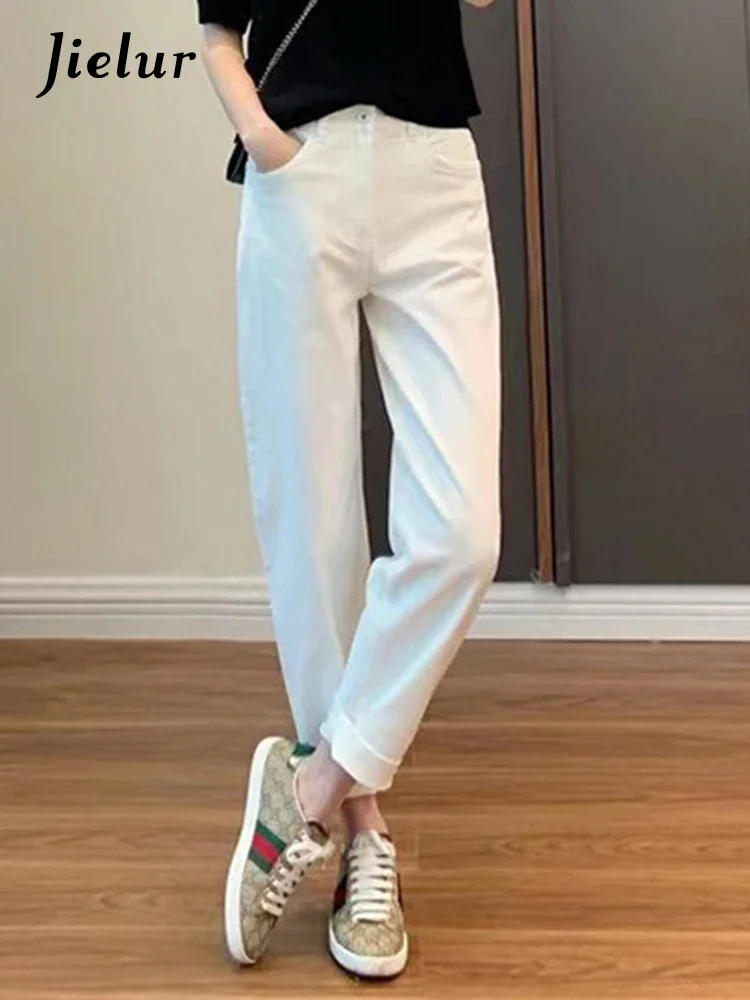 

Jielur Casual Solid Color Women Jeans High Waist Slim Chic Fashion Office Ladies Simple White Light Blue Basic Female Streetwear