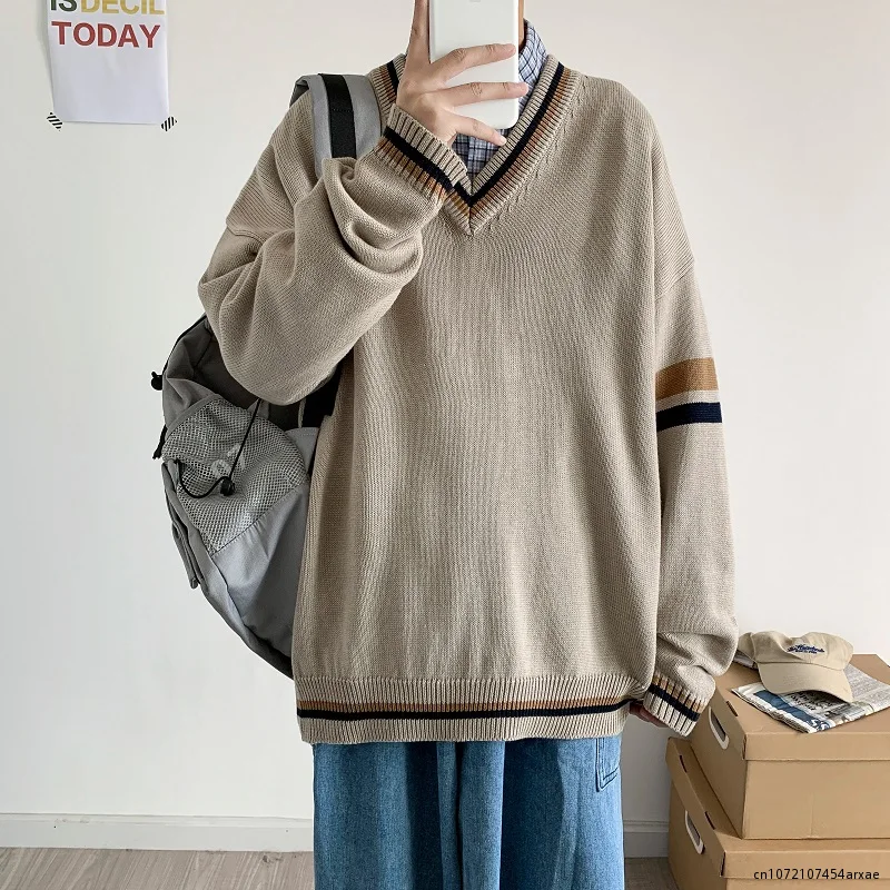 

V-neck Spliced Pullover Sweaters Men Autumn Vintage Knitted Clothing Loose Student Harajuku College Japanese Jumper Homme Top