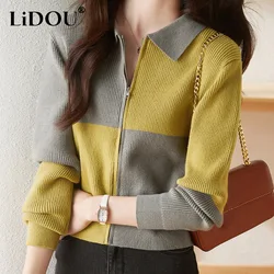 2023 Spring Autumn New Fashion POLO Collar Long Sleeve Sweater Women High Street Contrast Color Casual Zipper All-match Cardigan