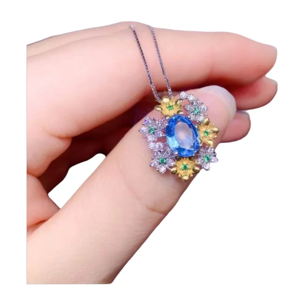 

KJJEAXCMY-925 Sterling Silver Pendant Necklace for Women, Fine Jewelry, Inlaid with Natural Gem, Trendy Flowers, Blue Topaz