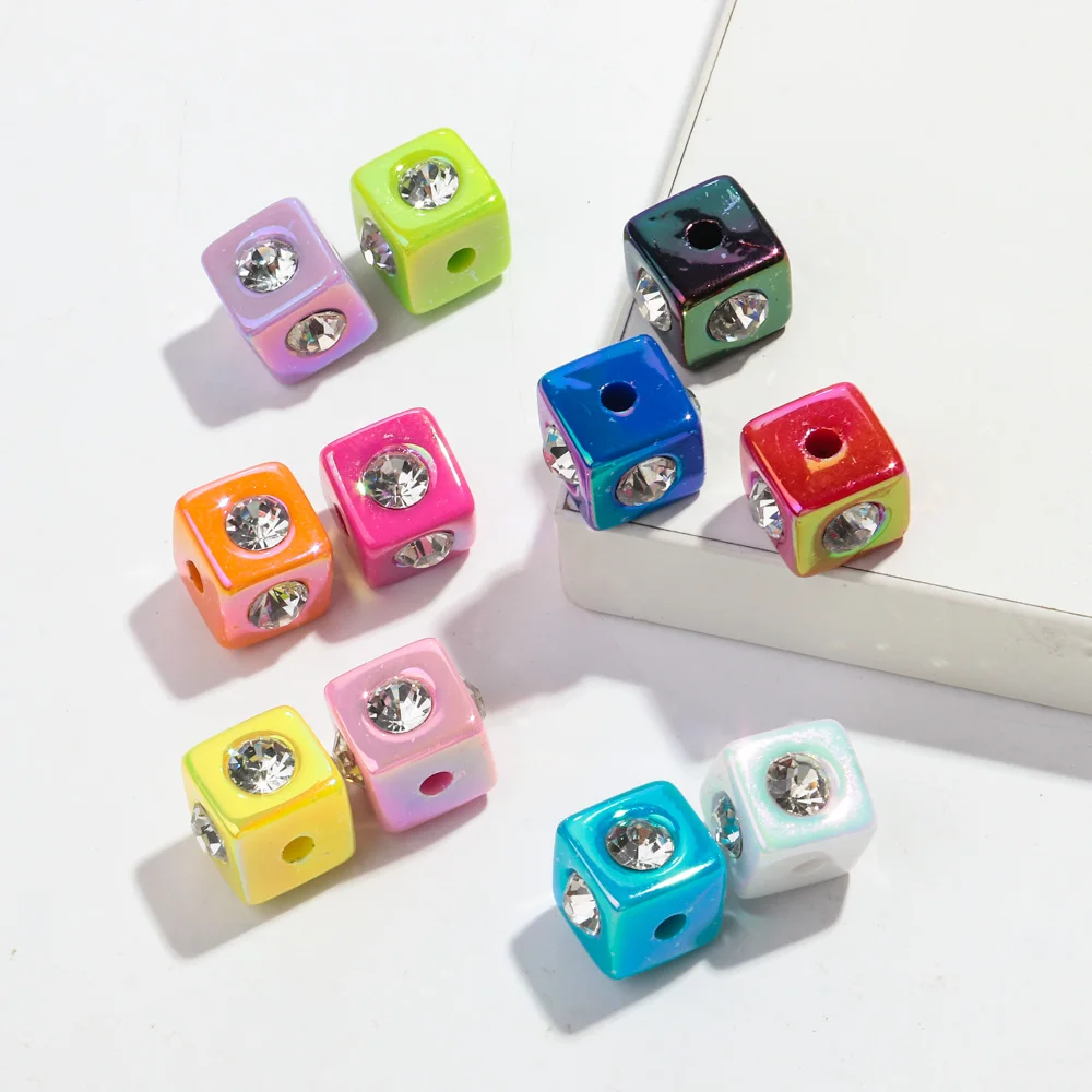 10pcs Iridescent Acrylic Rhinestone Cube Cube Shape Beads Accessories New Geometric Loose Bead Pendant for DIY Jewelry Making