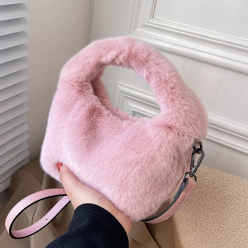 Fur Women\'s Small Hand Bag Luxury Warm Plush Crossbody Bags For Women Fashion Furry Short Handle Clutch Cute Ladies Shoulder Bag