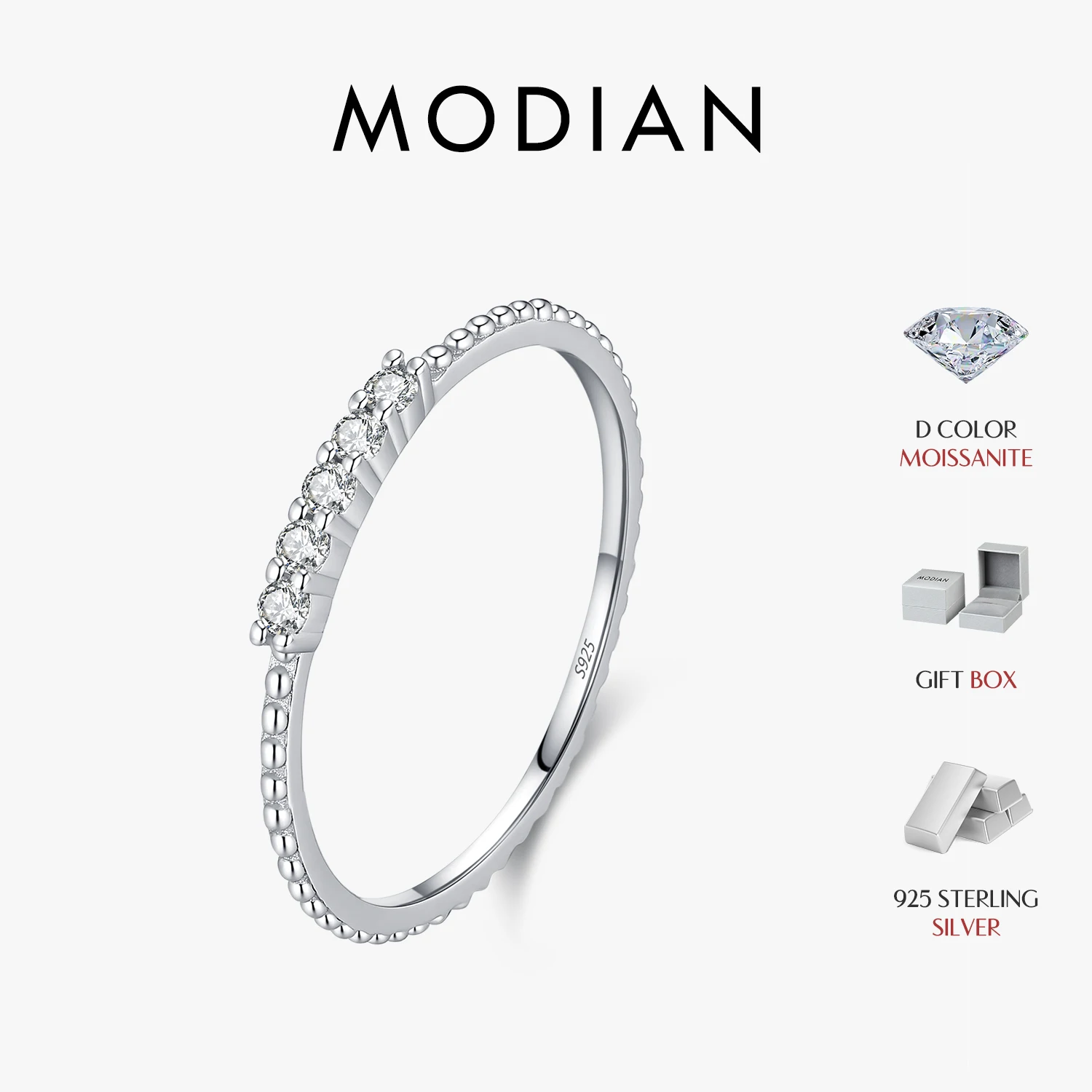 MODIAN D Color Moissanite Ring 925 Sterling Silver Milgrain Beaded Thin Stackable Lab Diamond Finger Ring For Women Fine Jewelry