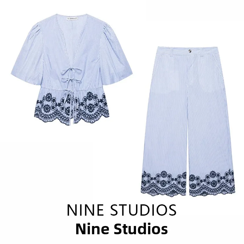 

NINE ZA Women's Embroidered Belted Striped ort Sve Top Wide Leg Pants Faion Set V-Ne Spring 2025 Two-Piece Suit