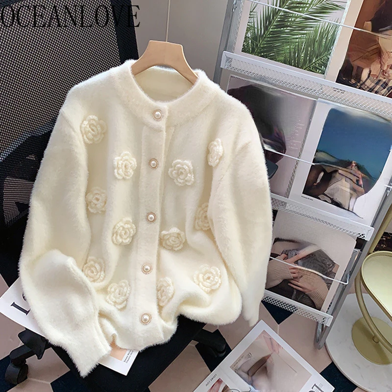 OCEANLOVE 3D Flowers maglioni da donna spessi e caldi visone Cashmere cardigan dolci moda coreana Vintage autunno inverno Sueteres