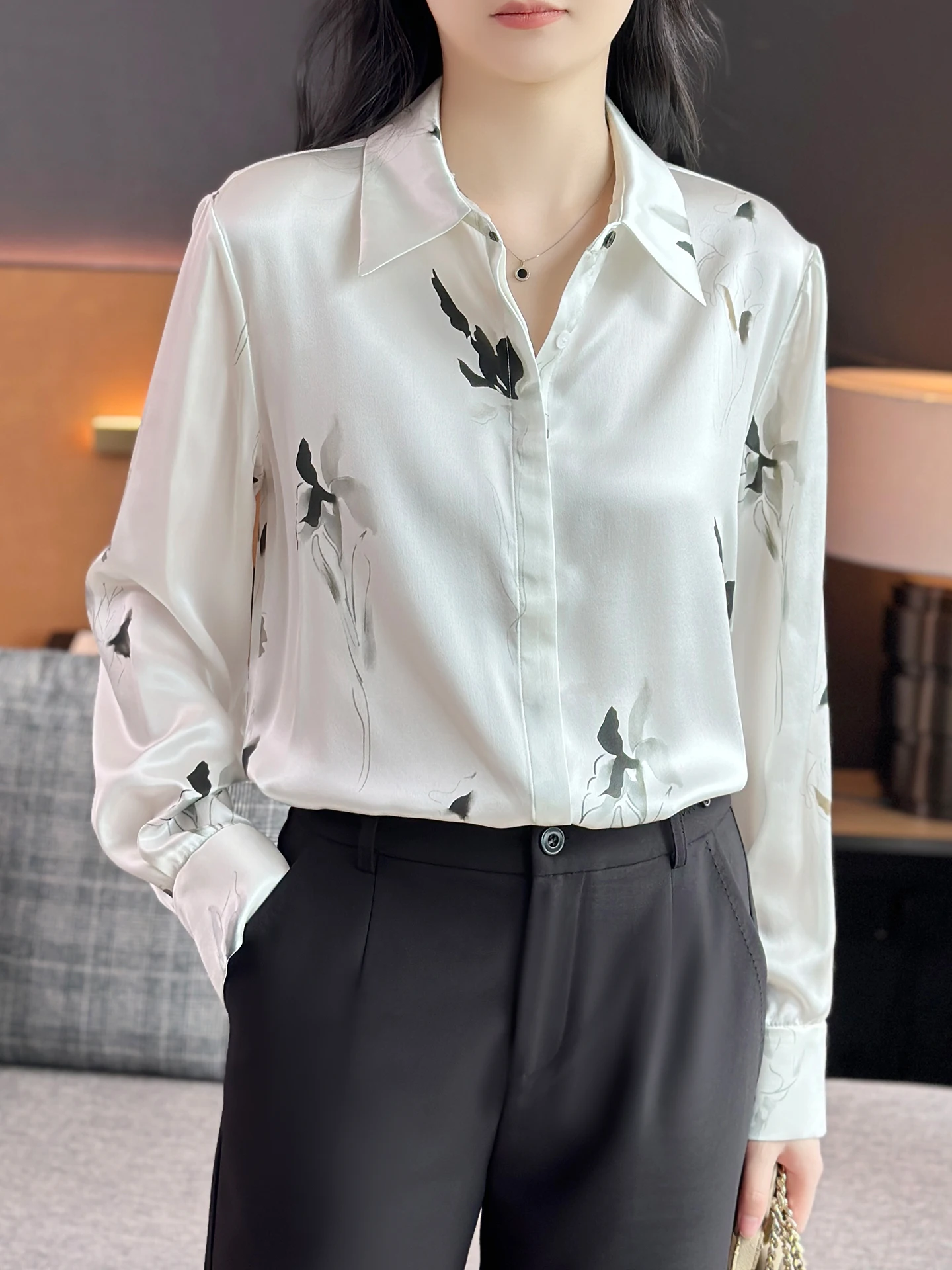 

Шелковая блузка ZuoZuoJia GD с принтом «чернила и вода», плотная, глянцевая, из сатина, с воротником, женская