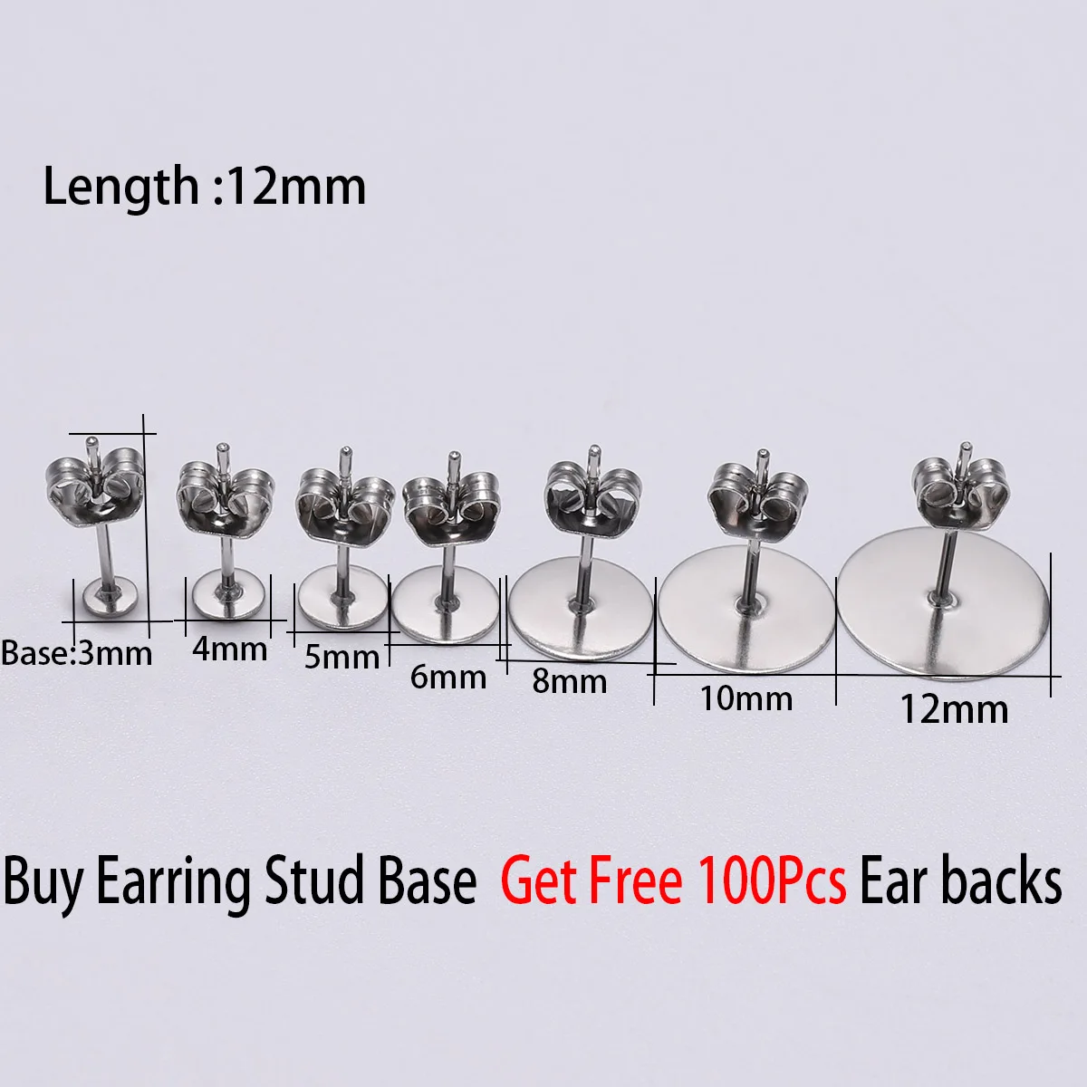 20-100Pcs/Lot 3-12mm Stainless Steel Blank Earring Stud Posts With Earring Backs  Base Pins for DIY Jewelry Making Supplies