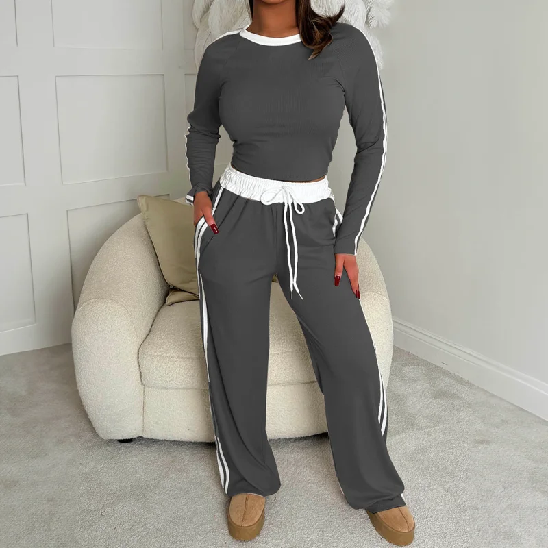 

Women's Dark Grey Ribbed Knit Two Piece Set Long Sleeve Crop Top White Trim and Elastic Waist Wide Leg Pants Casual Loungewear