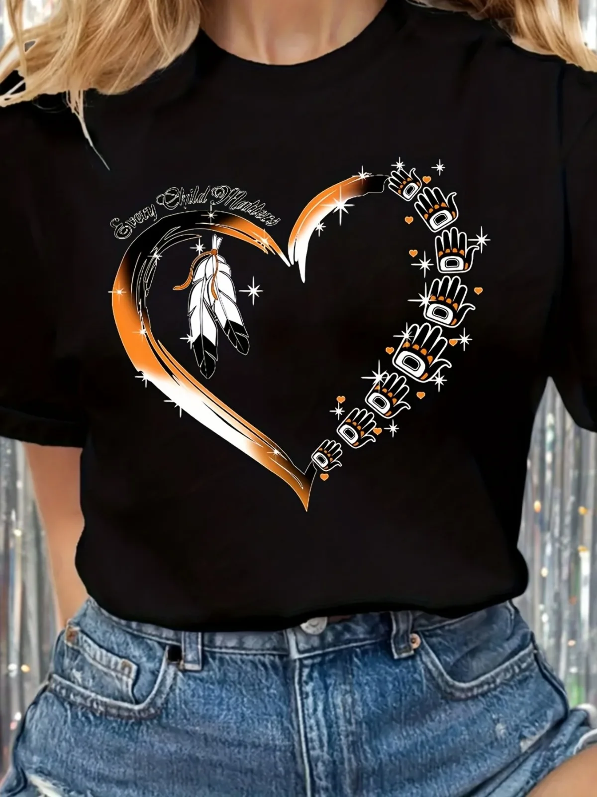 

Женская оранжевая футболка с коренными сознаниями, повседневная футболка с круглым вырезом и коротким рукавом, подходит для праздничных подарков, женская футболка