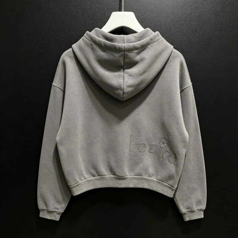 Winter Short Wide Boxy Shoulder Retro Washed Grey ERL Jacket Patch Embroidered Text Flowers Men Women Oversized Zipper Hoodie