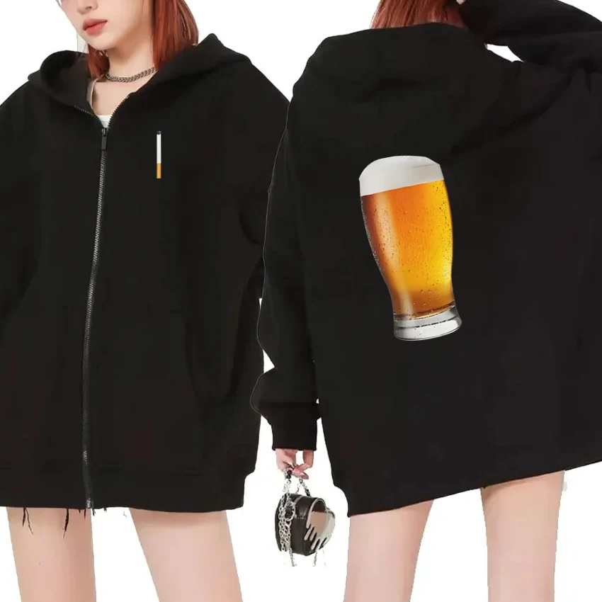 

2025 Funny Cigarette and Beer Graphic Zipper Hoodie Men Women Double Sided Printed Fleece Winter jacket Long sleeve Unisex Coats