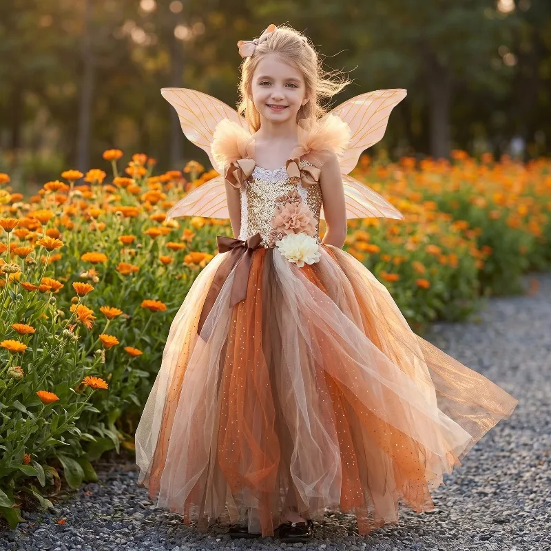 Girls Flower Tulle  Dress,Autumn Thanksgiving & Christmas Party Dress,Princess Fluffy Mesh Dress For Kids Holiday Performance