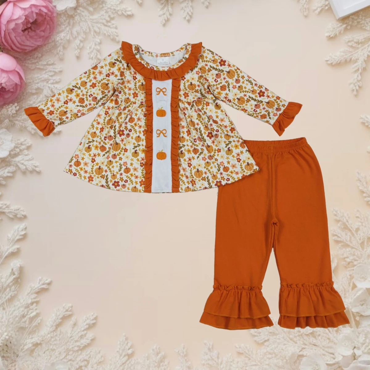 

Toddler Baby Girls Clothes Sets Kids Long Sleeve Embroidery Bows Pumpkins Tunic with Cotton Ruffles Pants Thanksgiving Clothing