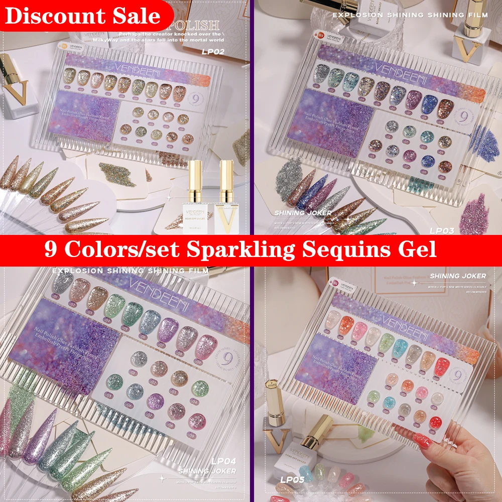 Discount Sale Vendeeni 9 Colors/set Sparkling Sequins Gel Nail Polish Reflective Platinum Soak Off Gel Lacquer With Color Card