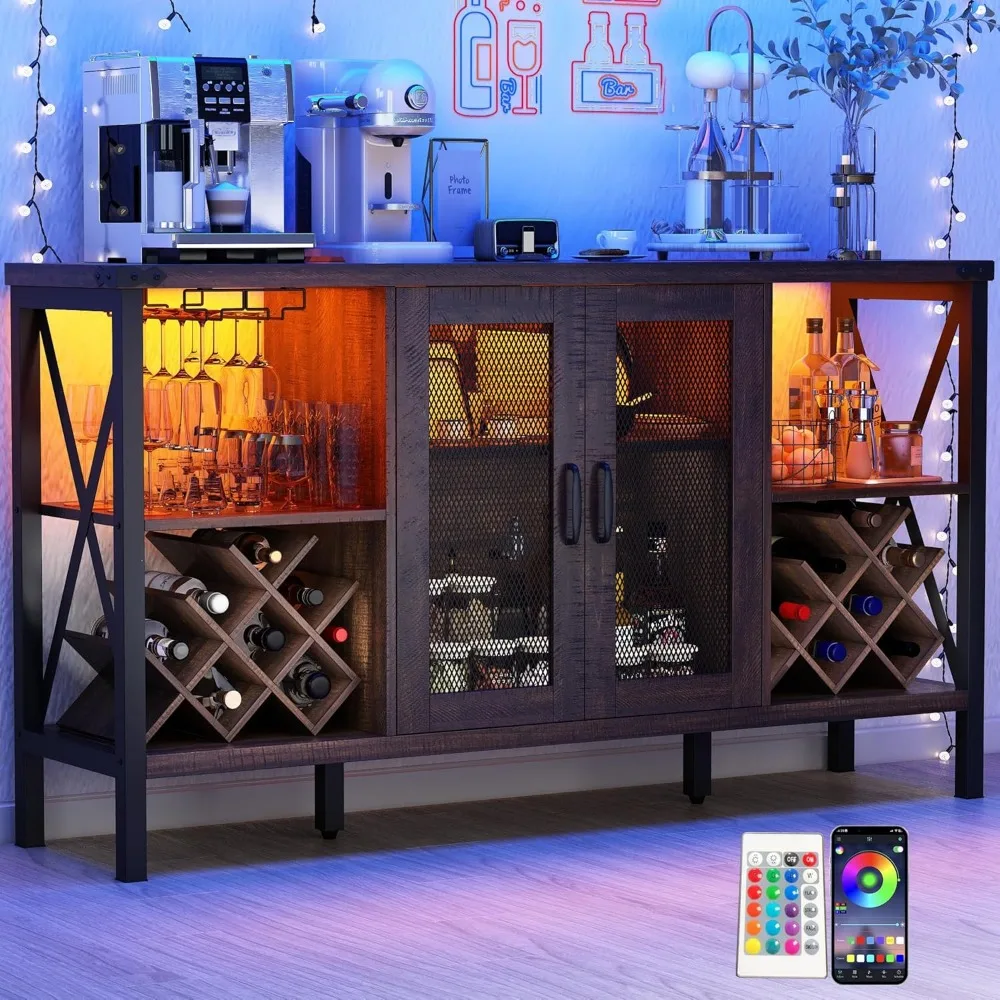 55inch Industrial LEDBar Cabinet w/Outlet&16000Color Lights,Glass Holder,Removable Wine Rack,Bar Cabinets w/Drawer  Living Room