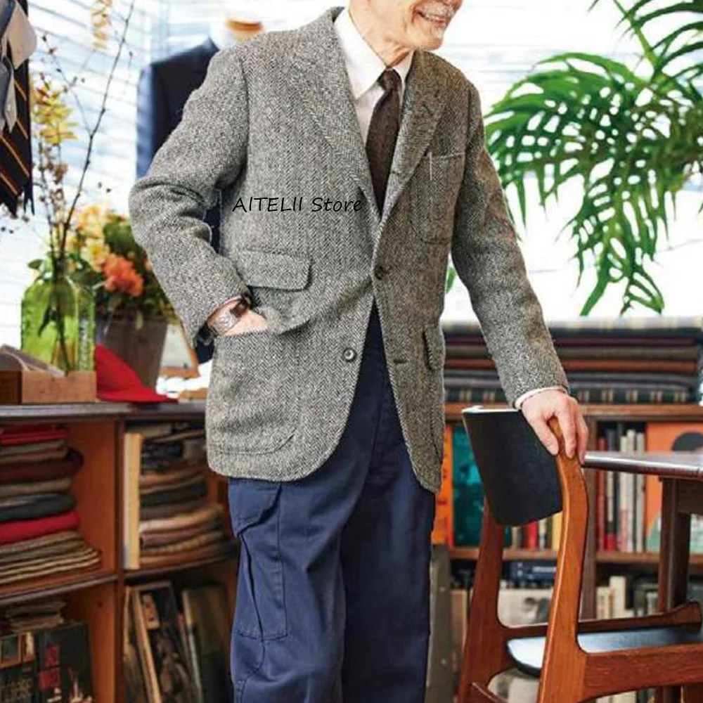 

Business Fashion Suit Jackets Casual Notched Lapel Men's Social Coat Vintage Herringbone Fabric Urban Blazers Single-breasted