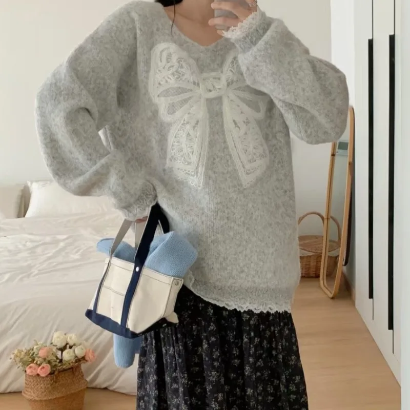 Loce Sweater wanita musim gugur musim dingin, pakaian luar gaya malas Korea, pullover rajut, leher V longgar, pakaian musim gugur dan musim dingin 2025