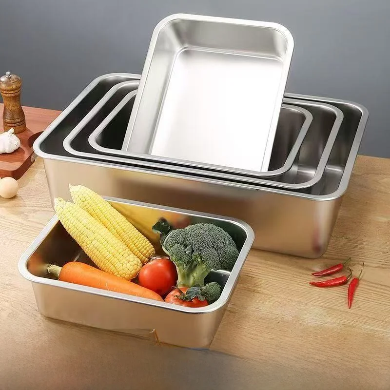 

Thiened Stainl Steel Rectangular Tray Deepened Flat Bot Fast Food Sted Rice Tray Buffet Step Square Tray with Lid