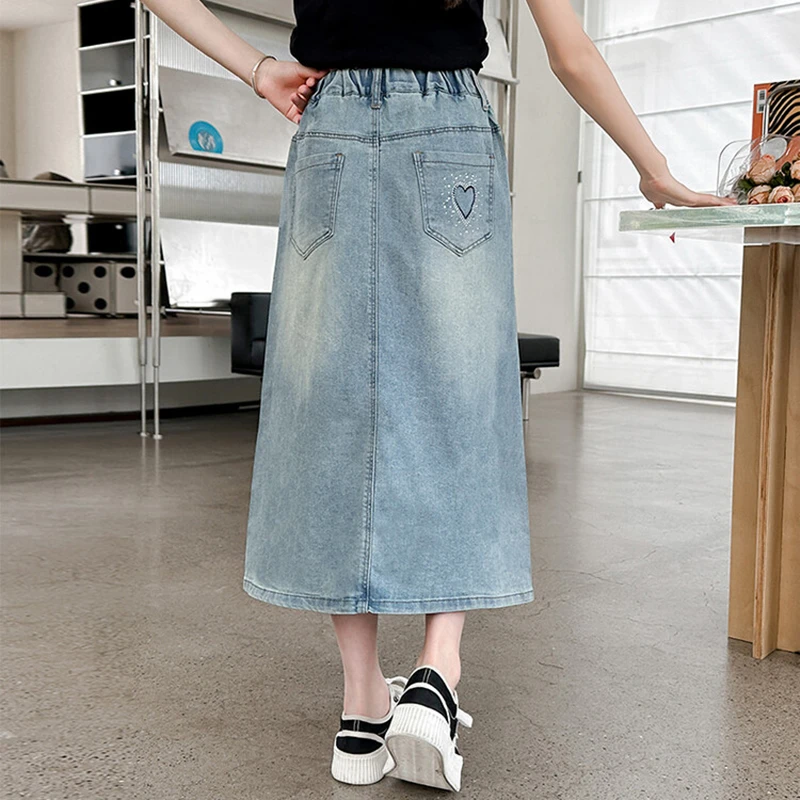 Elegant Kids Girl Heart Pattern Long Denim Skirt with Slit New Summer Tweens Child Casual Jeans Skirt with Rhinestones Age 5-14Y