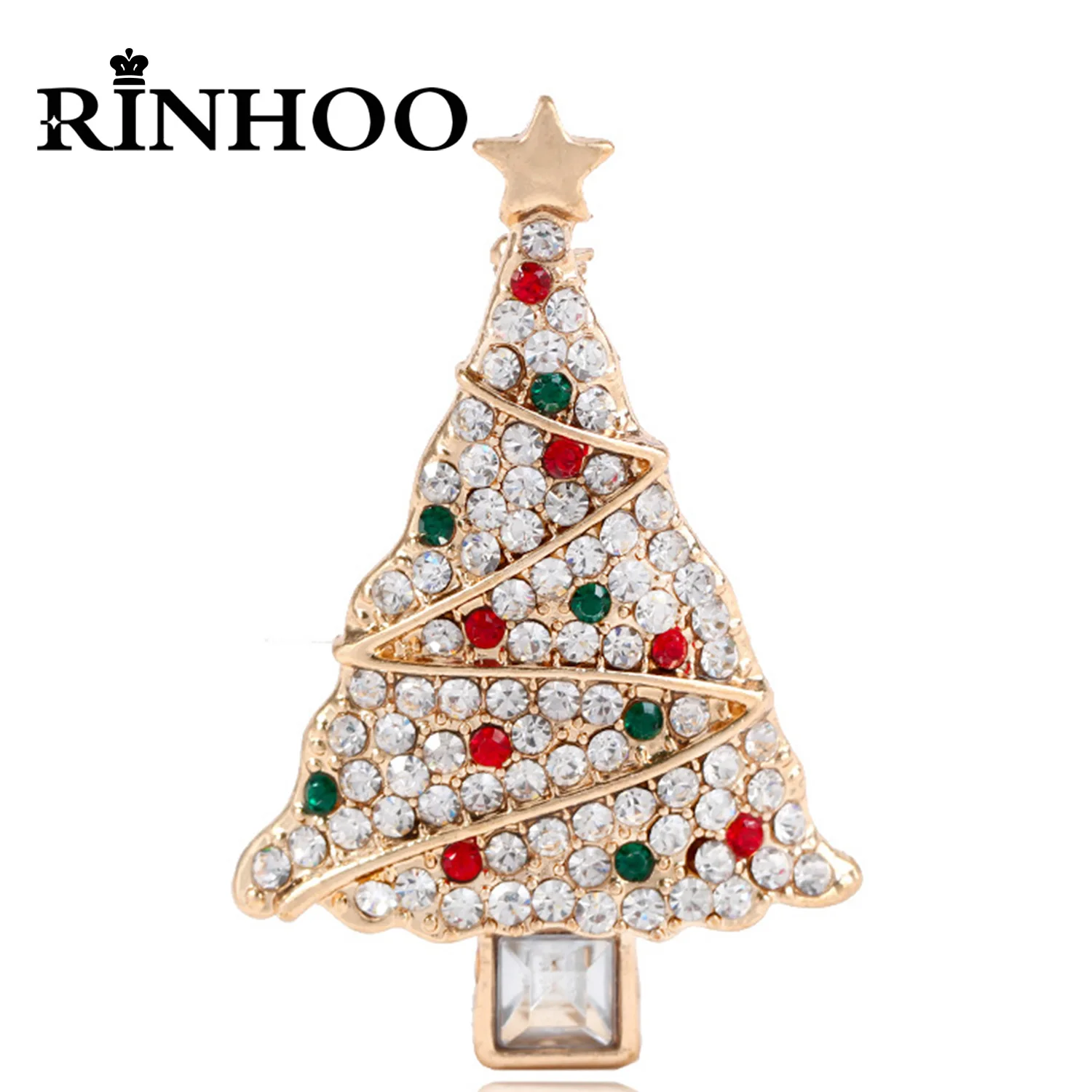 Rinhoo Full Rhinestone Christmas Tree Brooches For Women Unisex Fashion Enamel Badges Star Xmas Tree Pins New Year Party Jewelry