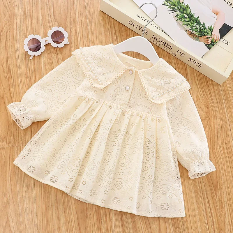 Primavera otoño nuevo vestido de princesa para niñas bebé de manga larga sólido perla encaje Patchwork tutú vestido niño otoño Vestidos