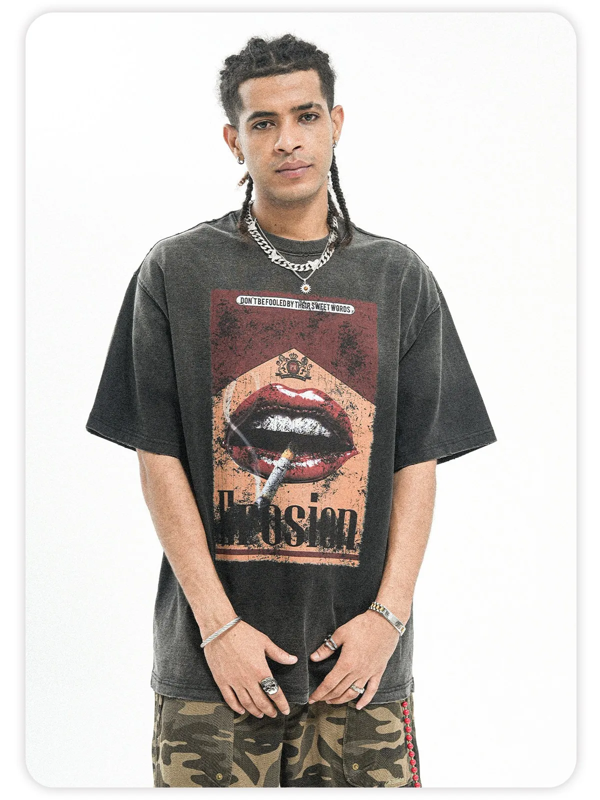 Onesevenine American Washed Retro Heavyweight Pure Cotton Small Collar Short Sleeve T-Shirt Men Summer Hip Hop National Trend