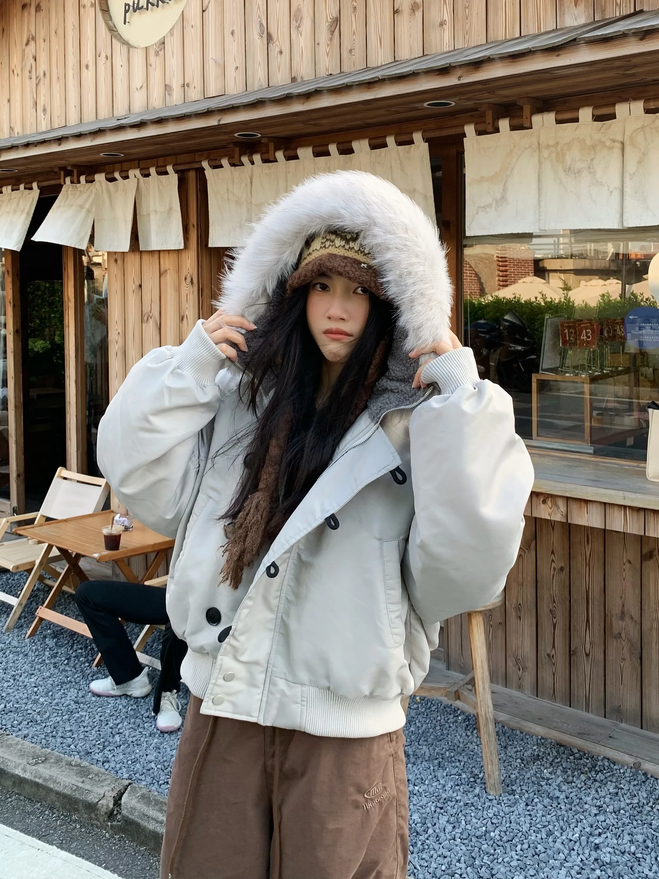 

ABone American Retro Hooded Cotton Jaet Women's Winter Loose Warm Casual Fur Collar Coat Trendy Cotton Clothes
