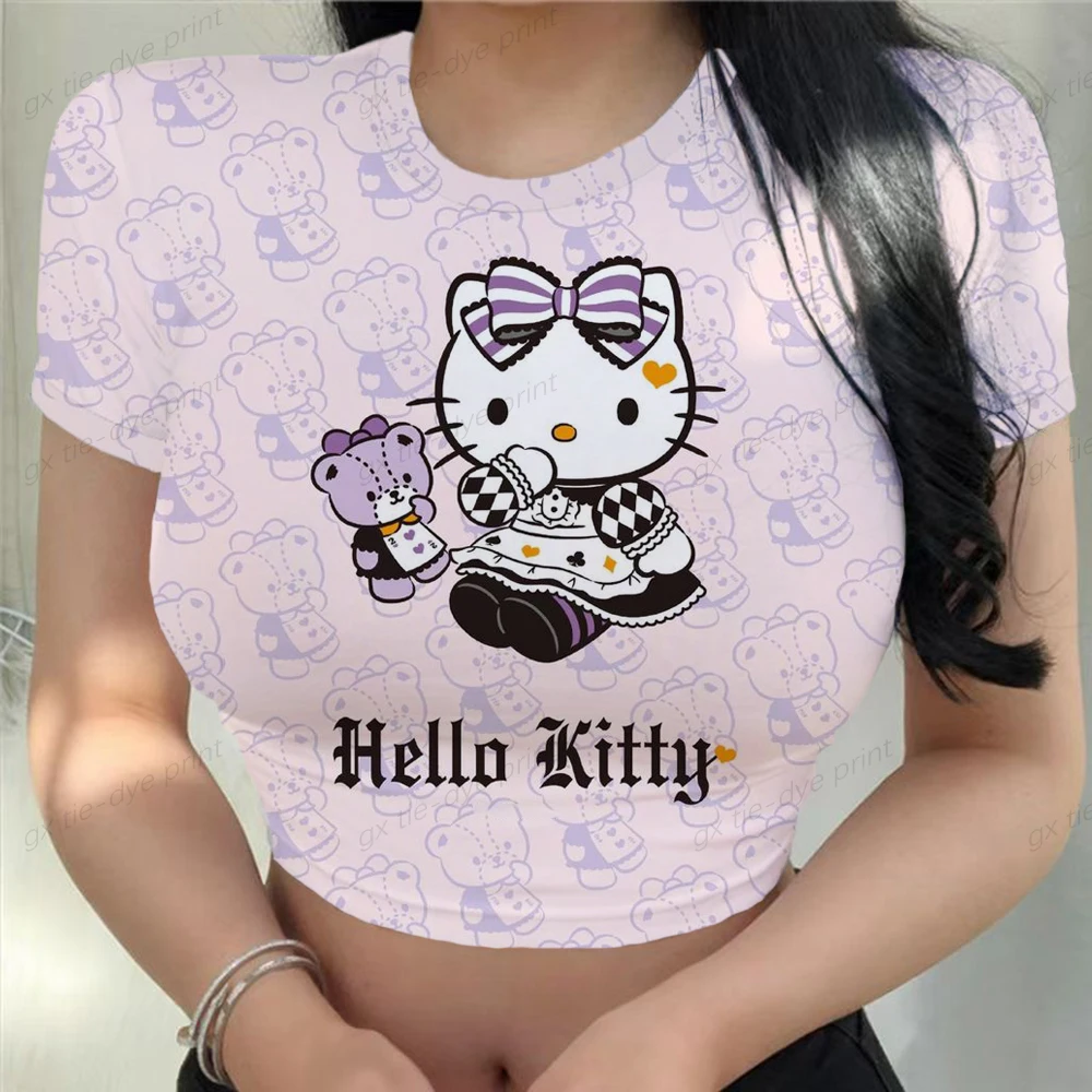 HELLO KITTY O-Neck Short Sleeve T-shirt Casual Tees Basic Cartoon printing T-shirt Summer Women Fashion Crop Sexy Y2K Top Shirt