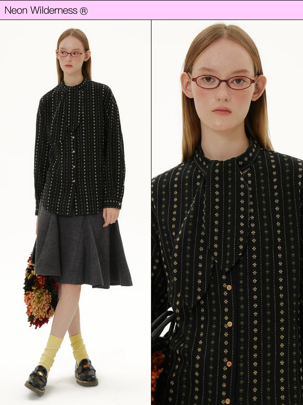 

Neon Wildern Retro Floral Neutral Color Long Sve irt Women's Loose Fit Cotton Polyester Blend Button up Casual Top