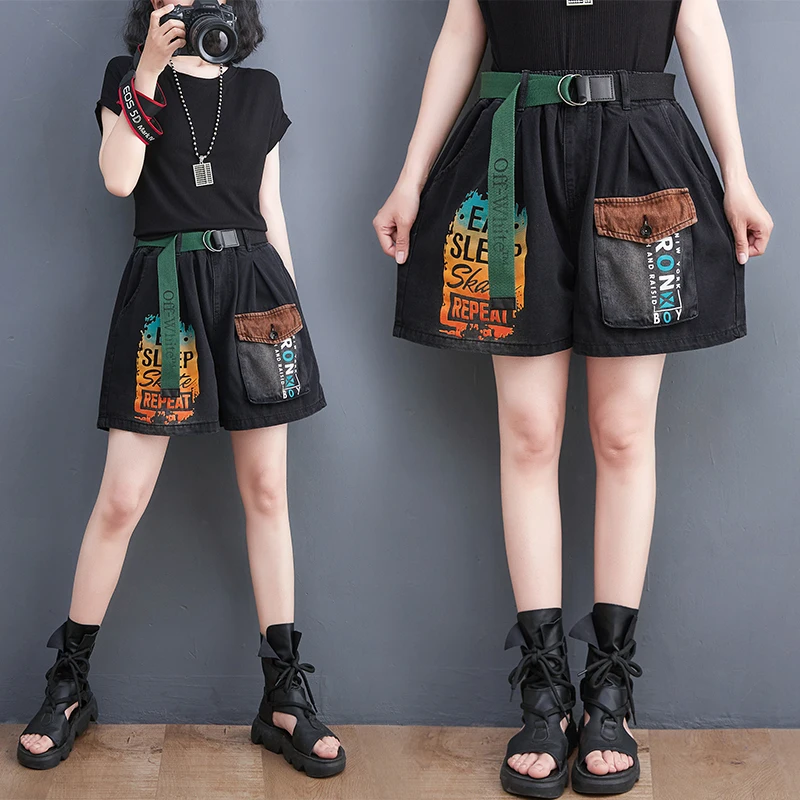 

plus Size Summer New Print Denim Wide Leg Shorts Women's A-Line Pants Short Sleeve Sfink Harlan Jeans High Waist Light Color