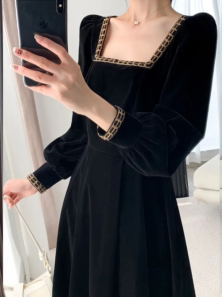 New French Vintage Elegant Dresses for Women Long Sleeve Streetwear Office Lady Solid Square Collar 2023 New Autumn Winte Dress