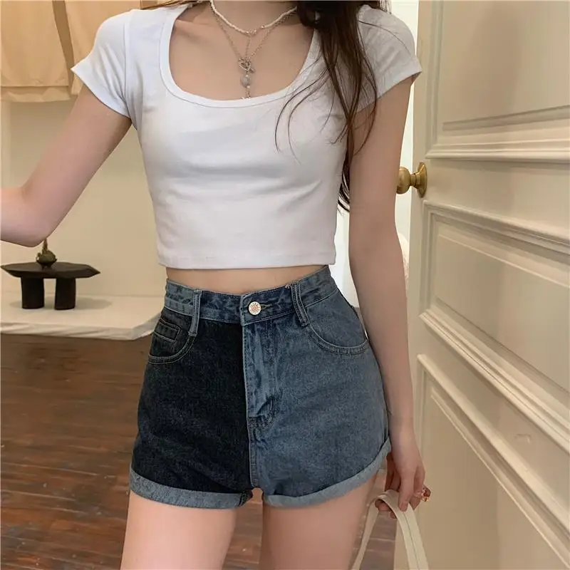 Denim Shorts Color Blocked High Waist 2024 Summer Korean Version Women Large Size Thin Versatile A-Line Wide Leg Hot Pants