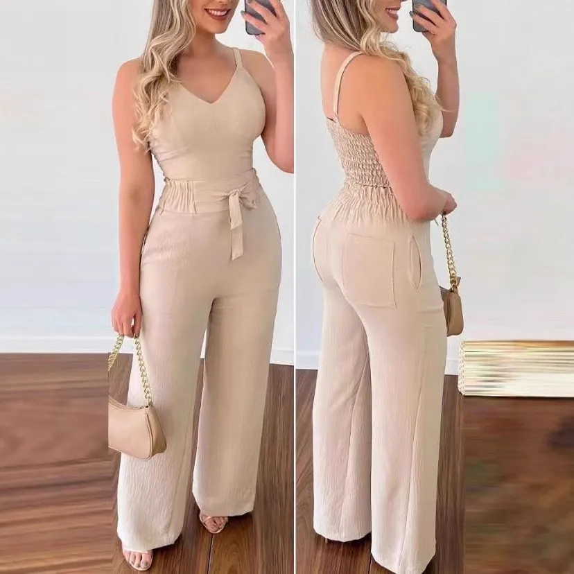 Summer Women's Suit 2 Piece Set V Neck High Waist Wide Leg Trousers Teal Blue Smocked Long Pants Navy Blue Cropped Top Pants