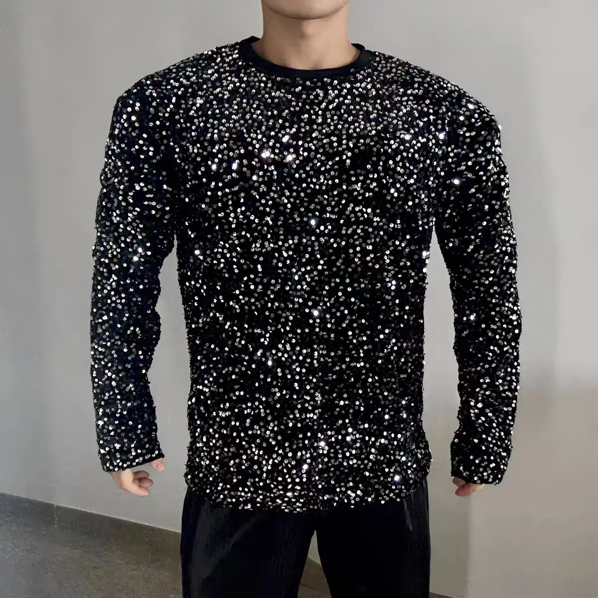 

Sparkly Sequins Sweartshirt Pullover Base Layer Men's Long Sleeve T-Shirt Stage Show Singer Dance Wear