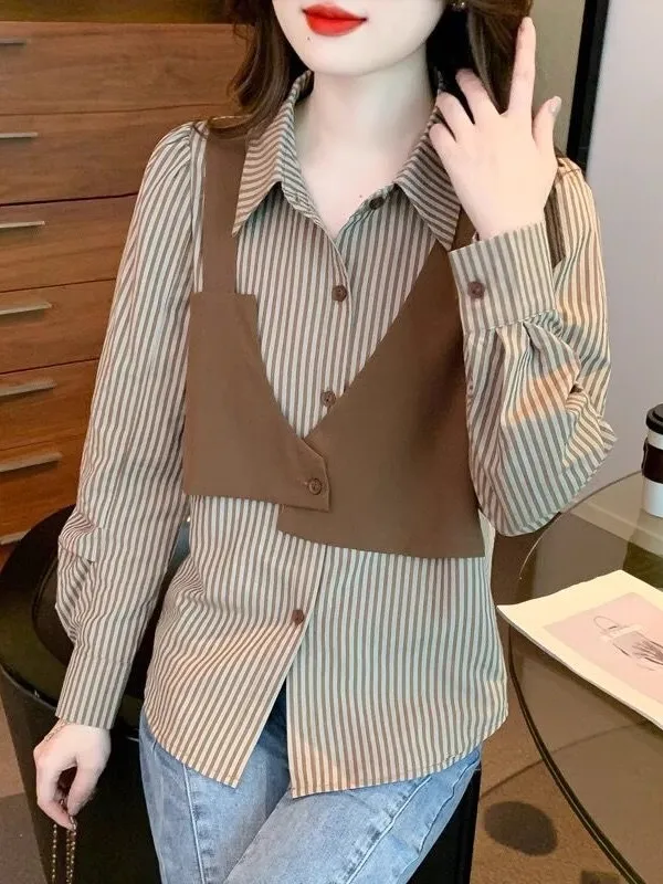 

Women's Striped Loose Long Sve irt Design Sensation Sle Vest Two-Piece Look Autumn Faion Casual Commute Sle