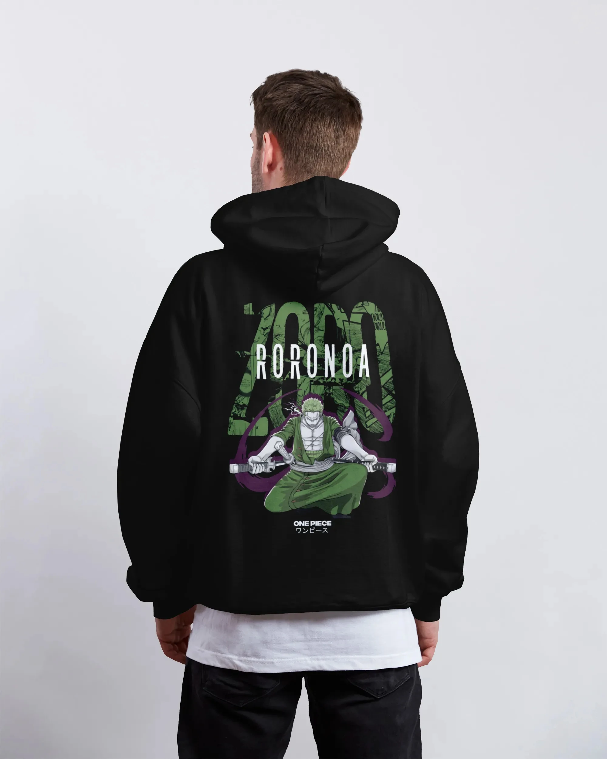 Sudadera con capucha de una pieza de algodón negro con estampado de personajes de Roronoa Zoro, jersey de Cosplay de Anime con diseño de pelo verde, ropa informal
