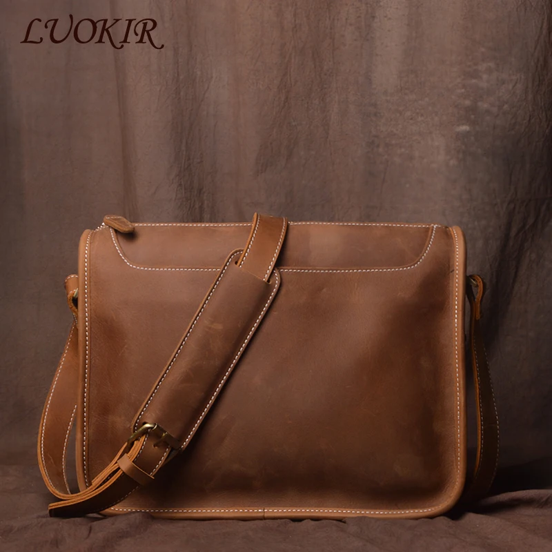 LUOKIR Men's Vintage Crazy Horse Cowhide Crossbody Bag Simple Casual Genuine Leather Shoulder Messenger Bag For 12.9 Inch Ipad